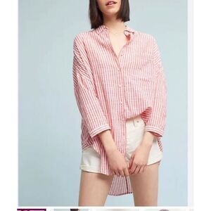 Anthropologie Holding Horse Oversize Button Down Blouse Red White Stripes M/L